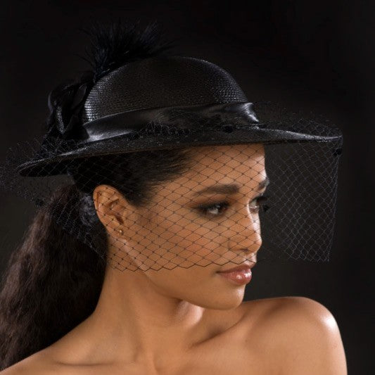 Elegant Black Ladies Mesh Veil Hat with Feather & Flower Accents - Perfect for Weddings, Parties, and Special Occasions