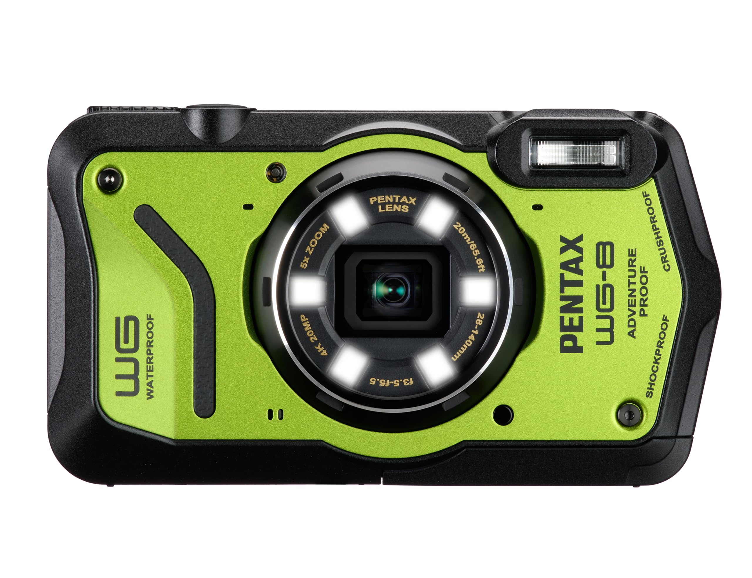 **PENTAX WG-8 Green Waterproof Digital Camera - Shockproof, Dustproof, 4K Video, Macro Ring Light for Outdoor Adventure, Travel & Vlogging**    **Usage Scenarios:** Perfect for hiking, snorkeling, extreme sports, travel vlogging, and macro photography.