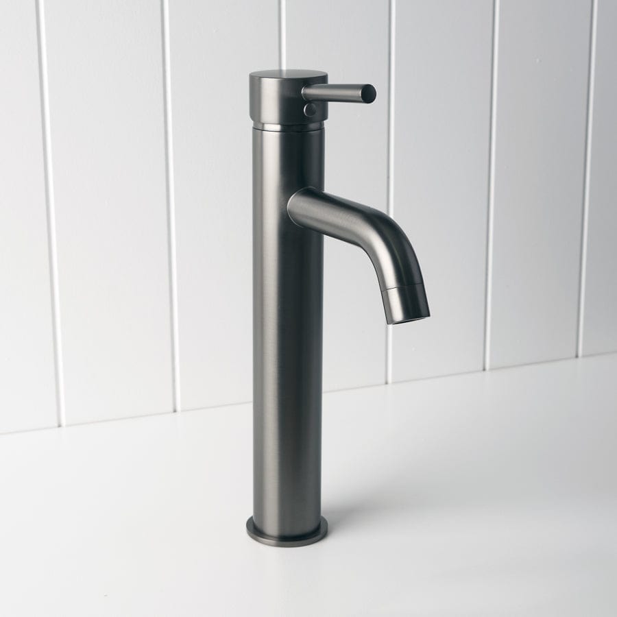 Tall Basin Mixer Faucet in Gunmetal Finish - Modern Bathroom Sink Faucet for Vanity, Powder Room, and Guest Bathroom