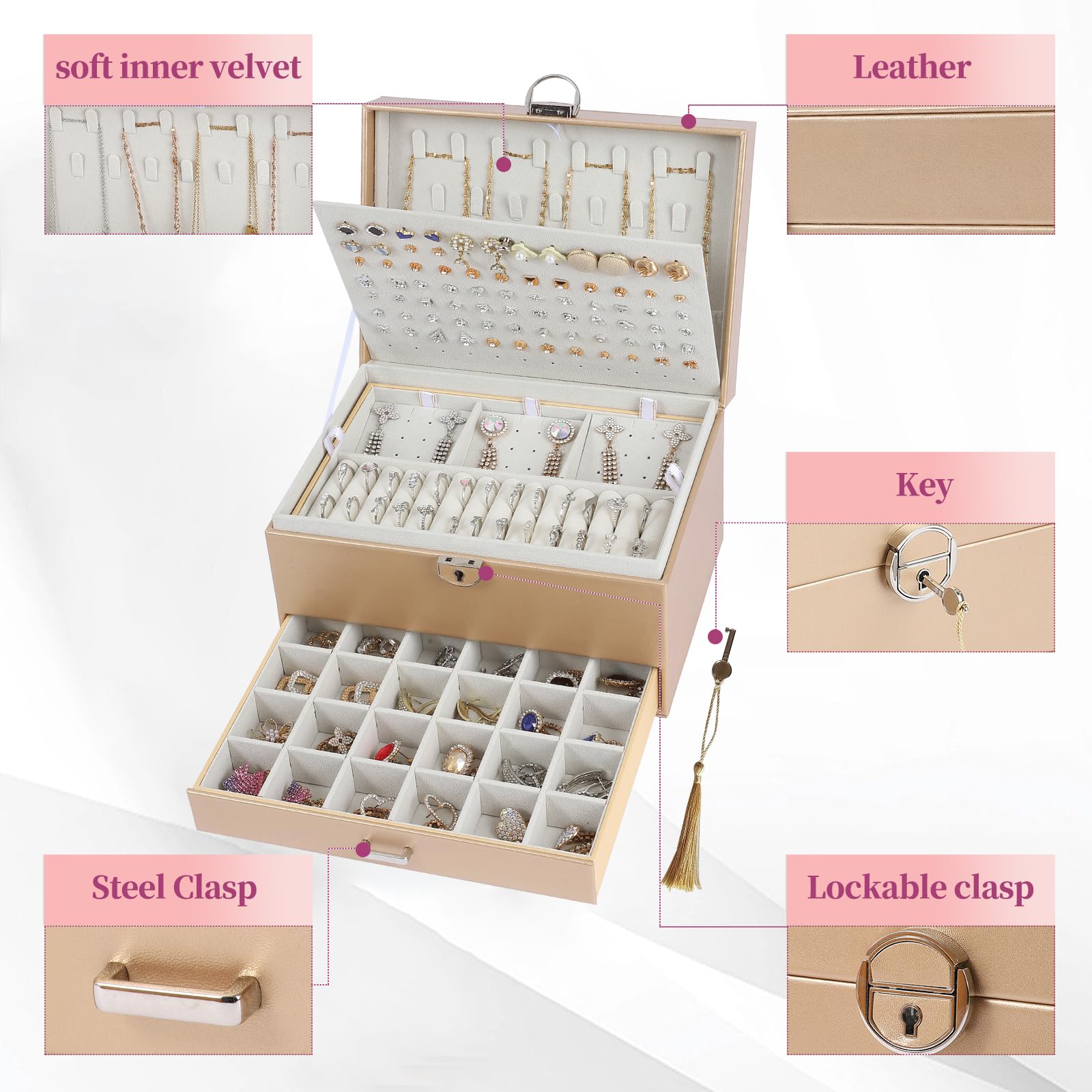 5-Layer Jewelry Organizer Box with Lock - Earring, Necklace & Ring Storage for Women & Girls - Perfect for Travel, Gifts & Home Decor (Champagne)