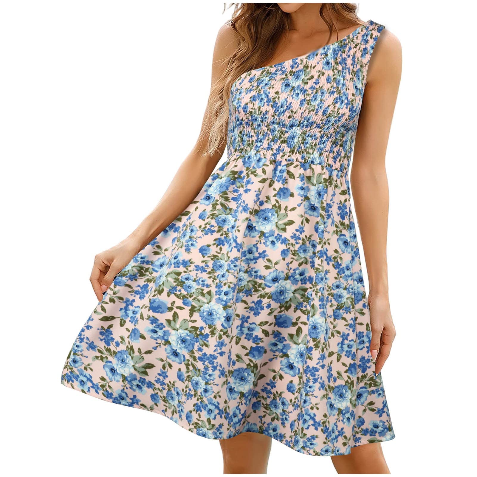 Women's One Shoulder Sleeveless Summer Dress - Floral Print Smocked High Waist A-Line Midi Dress for Casual Wear, Beach Vacation, and Date Night Outfits