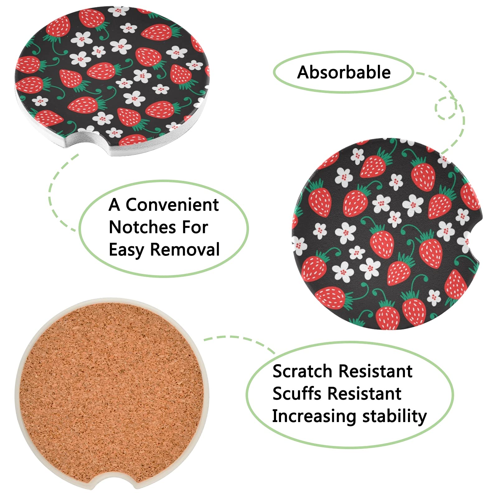 2-Pack Absorbent Ceramic Stone Car Coasters with Fingertip Grip - Strawberry & Daisy Design for Car Cup Holders | Perfect for Drinks, Spill Protection & Vehicle Decor