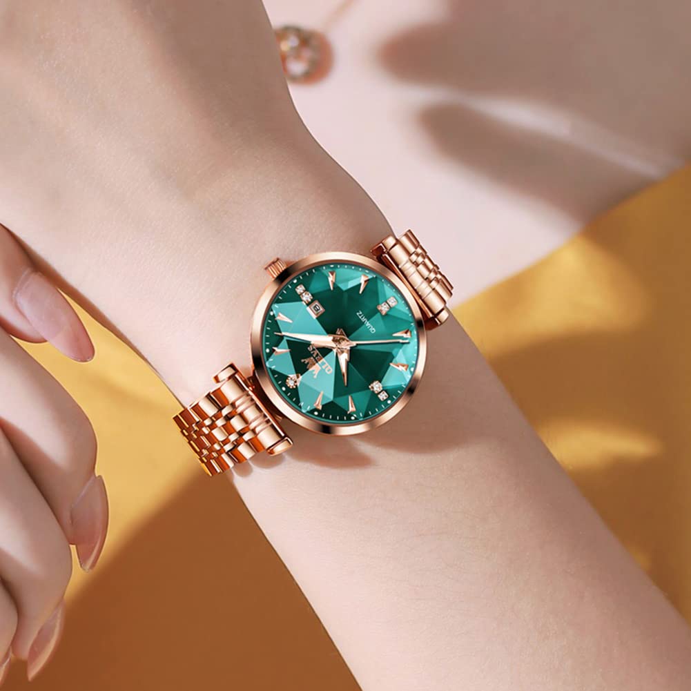 OLEVS Women's Luxury Rose Gold Diamond Analog Quartz Watch - Stainless Steel, Luminous, Waterproof with Date - Perfect for Dressy Occasions, Office & Everyday Wear