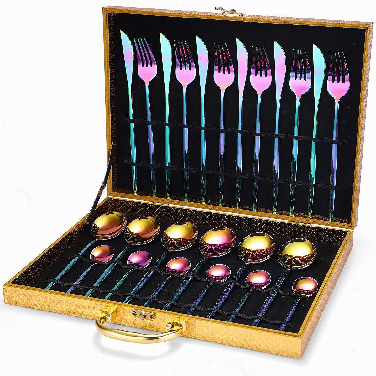 24-Piece Stainless Steel Silverware Flatware Set - Complete Dinnerware Cutlery with Forks, Spoons & Knives - Eco-Friendly Rainbow Color (6 Sets in Box) - Perfect for Restaurants, Catering & Home Dining