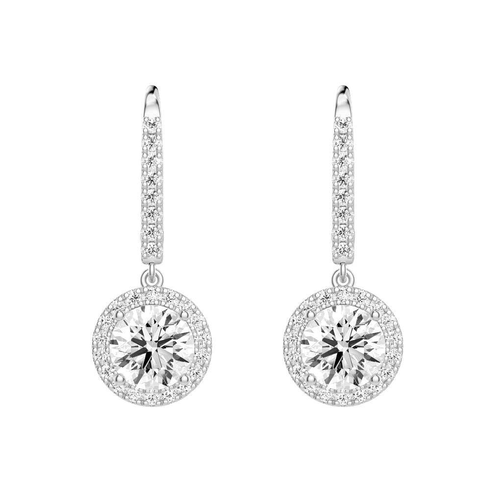 2.34 Carat Round Moissanite Pavé Halo Drop Earrings for Women - Dangle Wedding Jewelry & Evening Party Accessories