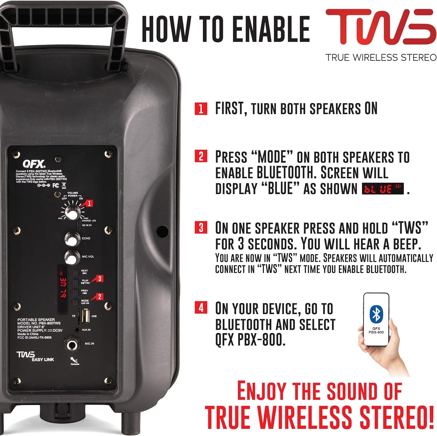 QFX PBX-800TWS 8-Inch TWS Bluetooth Stereo PA System with 2x8