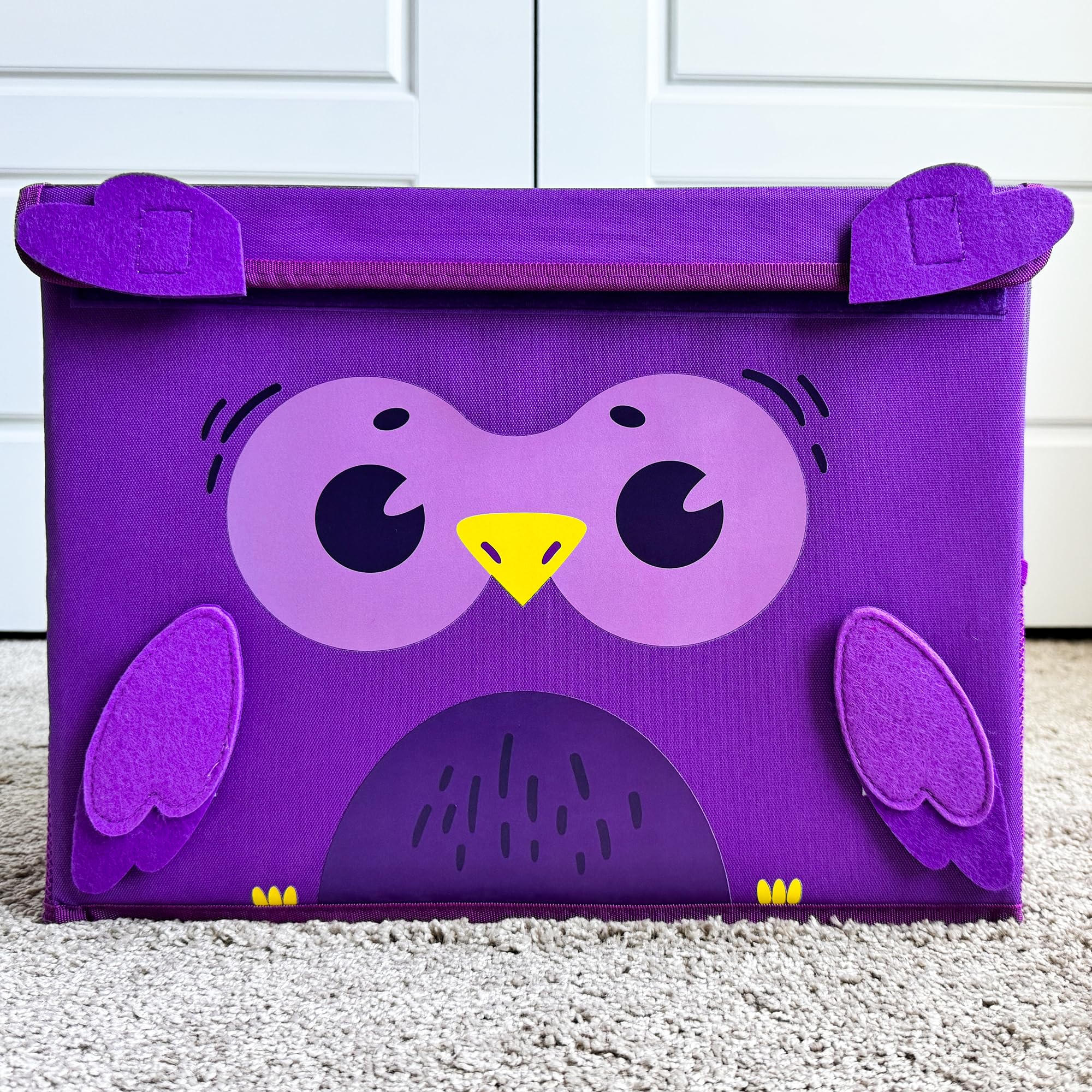 QUOKKA 16x12x10 Inch Owl Toy Storage Box - Collapsible Fabric Toy Chest with Handles & Flip-Top Lid for Kids Playroom & Nursery Organization | Perfect for Stuffed Animals, LEGO Blocks & Kids Toys Storage