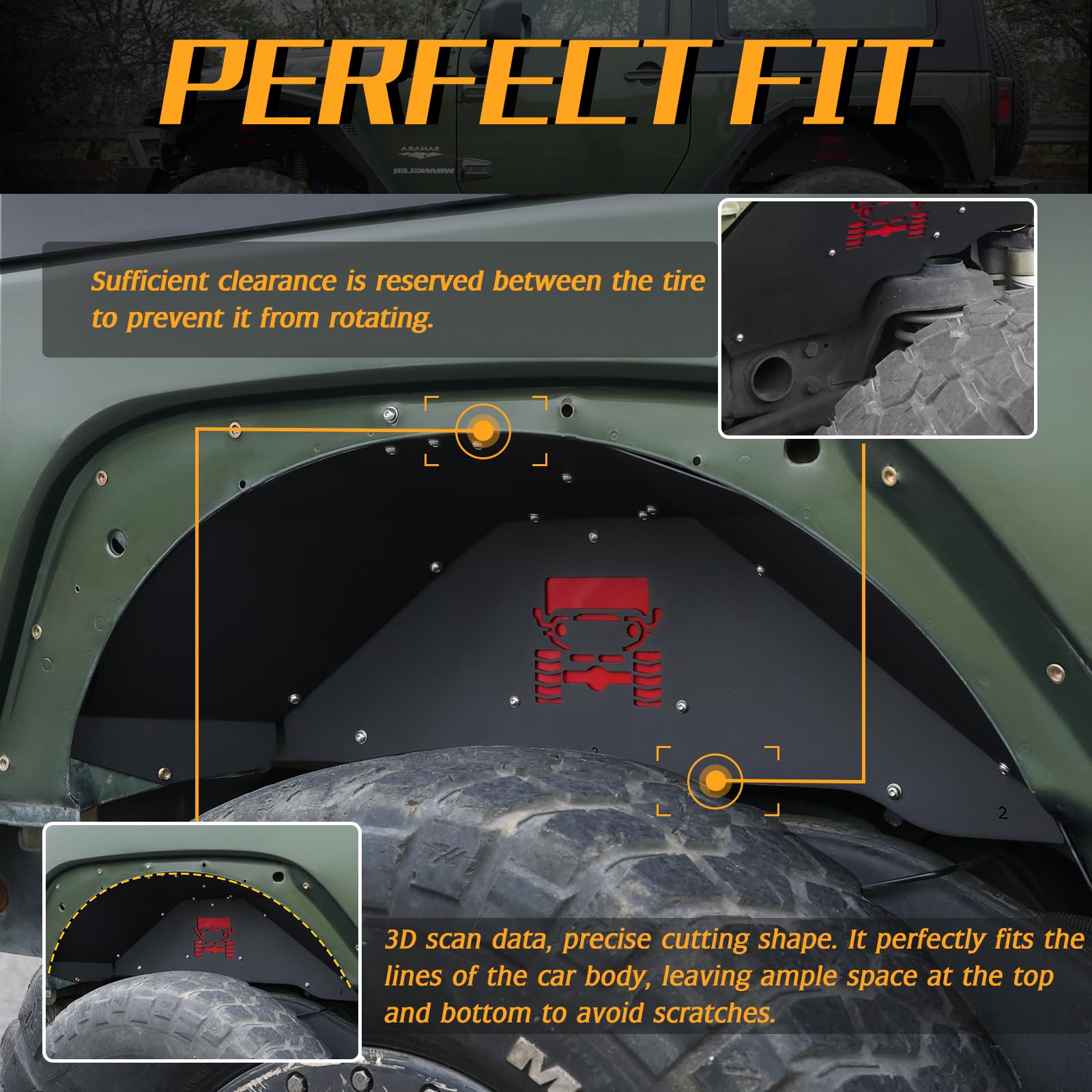 Aluminum Rear Inner Fender Liners with 2 LED Lights for 2007-2018 Jeep Wrangler JK JKU (2/4 Door) - Compatible with Sport, Sahara & Rubicon Models | Off-Road Protection & Enhanced Visibility