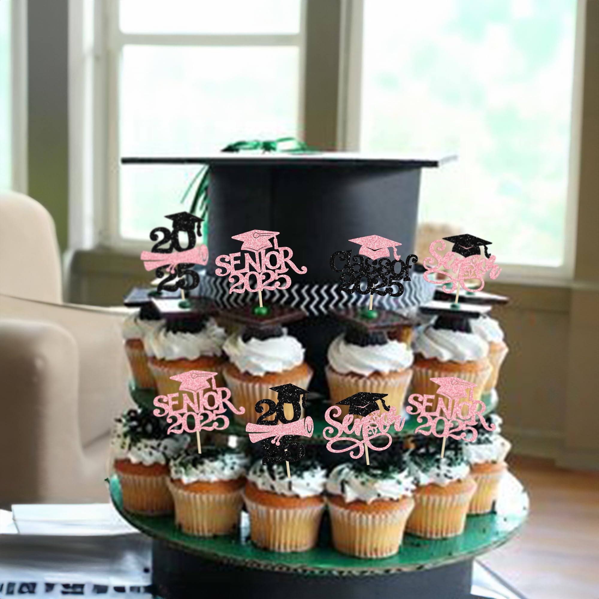 24Pcs 2025 Senior Graduation Cupcake Toppers with Glitter - Class of 2025 Cupcake Picks & Decorations for Graduation Party Supplies (Pink) - Perfect for High School Graduation Cakes, Dessert Tables & Celebration Decor