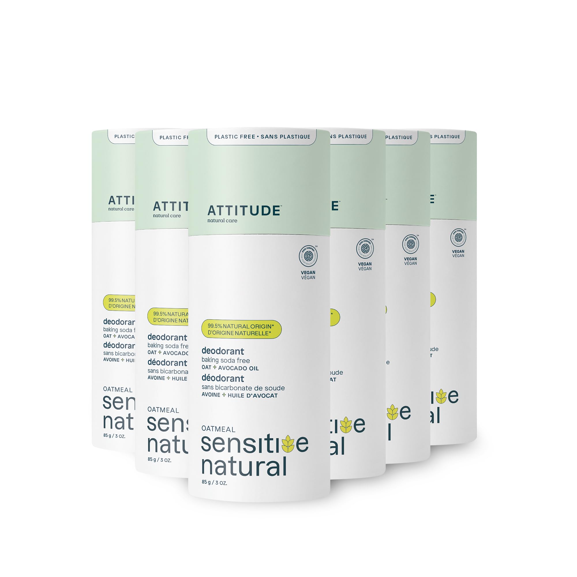 ATTITUDE Natural Baking Soda Free Deodorant for Sensitive Skin - Oatmeal & Avocado Oil Formula, EWG Verified, Aluminum & Plastic Free, 3oz (6-Pack) | Gentle Daily Protection for Workouts & Sensitive Skin