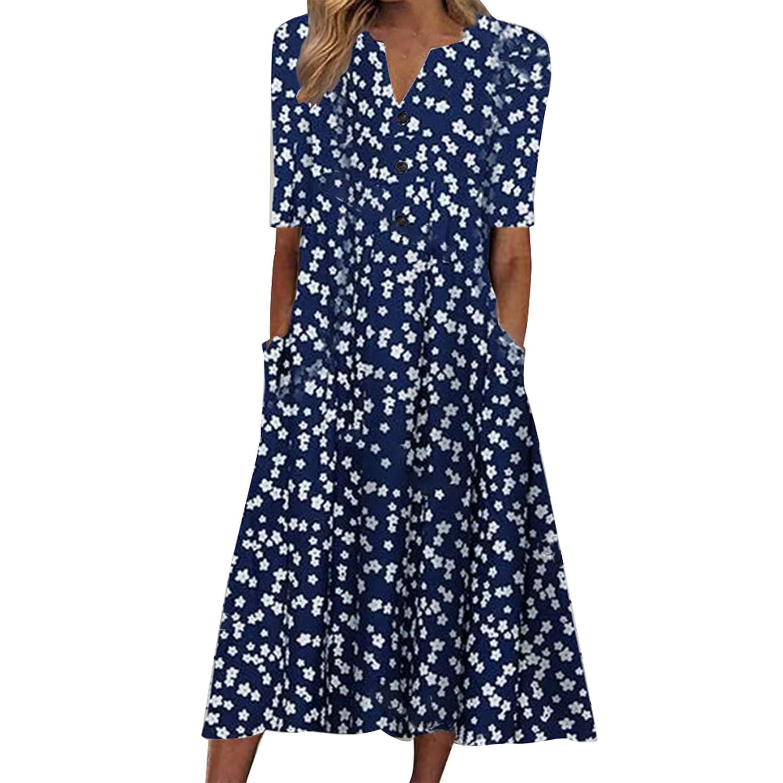 2023 Women's Summer Maxi Dresses - Floral Short Sleeve V-Neck Sundress with Buttons | Beach Vacation Dress, Casual Outfit for Tropical Getaway & Outdoor Parties