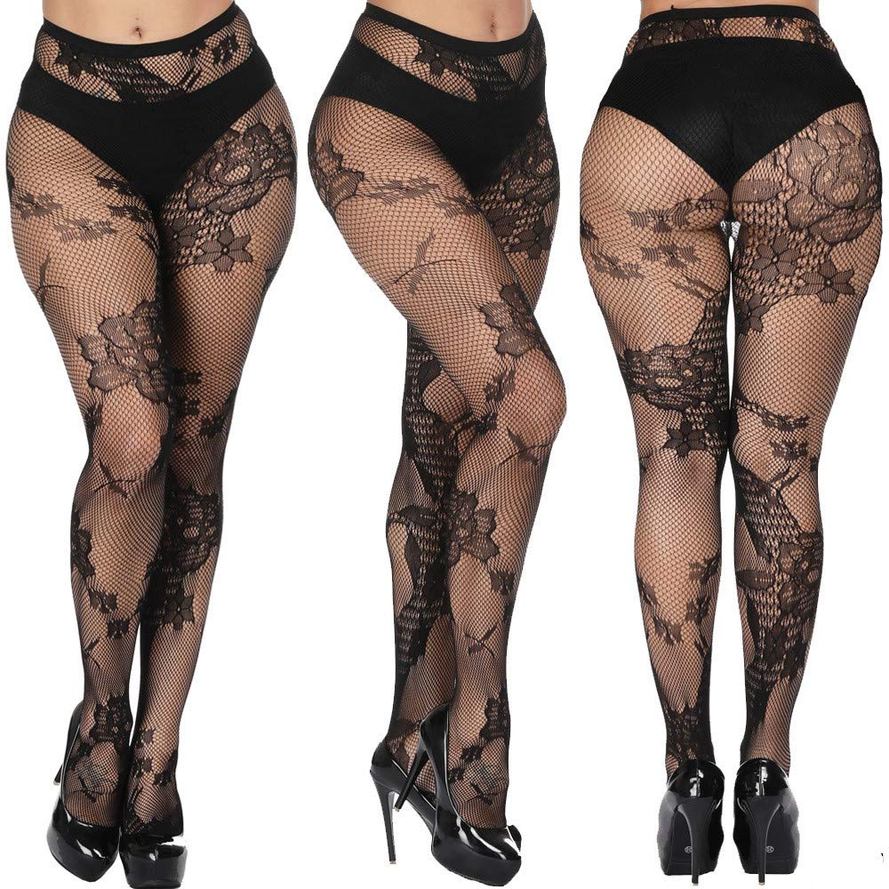 Plus Size Women's Sexy Lace Patterned Tights - Floral Fishnet Stockings High Waist Pantyhose (4 Pairs) for Ladies & Girls | Perfect for Date Night, Cosplay & Fashion Outfits