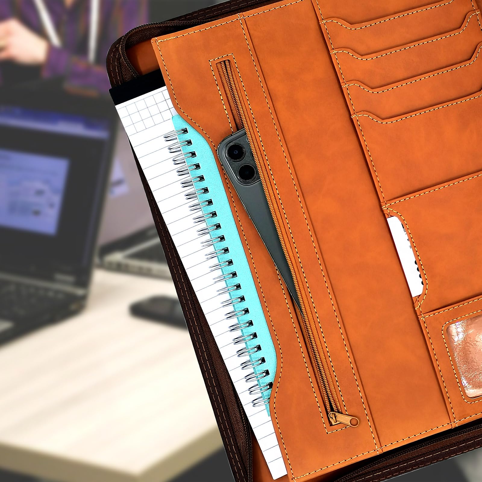 Premium PU Leather Zipper Portfolio Organizer - Professional Business Document Holder with 4-Ring Binder, Exterior Pocket & Card Slots - Perfect for Resumes, Passports, Tickets & Office Essentials (Brown) - Ideal for Business Meetings, Job Interviews & Travel Organization