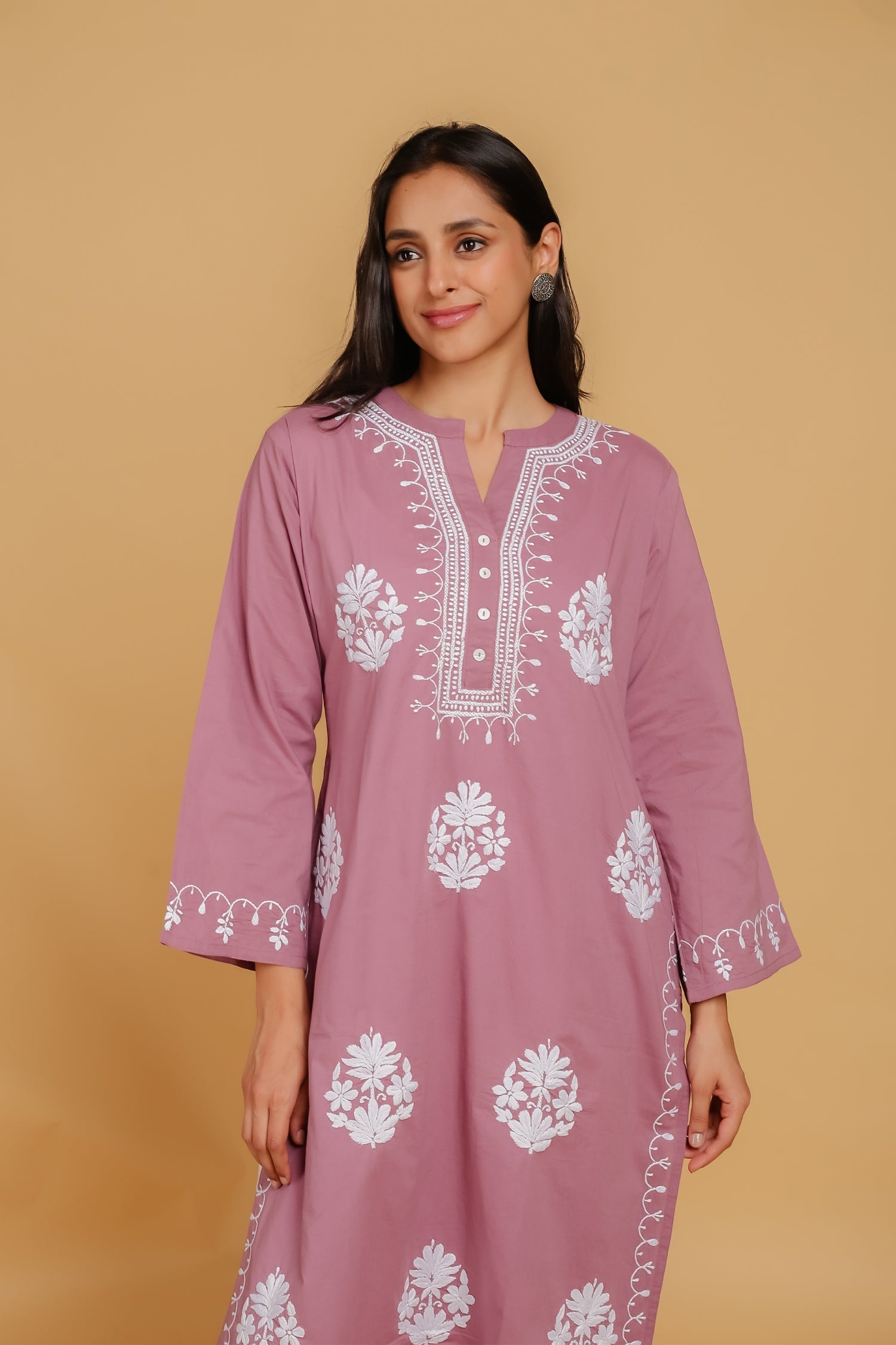 Elegant Saba Chikankari Embroidered Long Cotton Kurta in Peach - Perfect for Festivals, Weddings & Ethnic Fashion