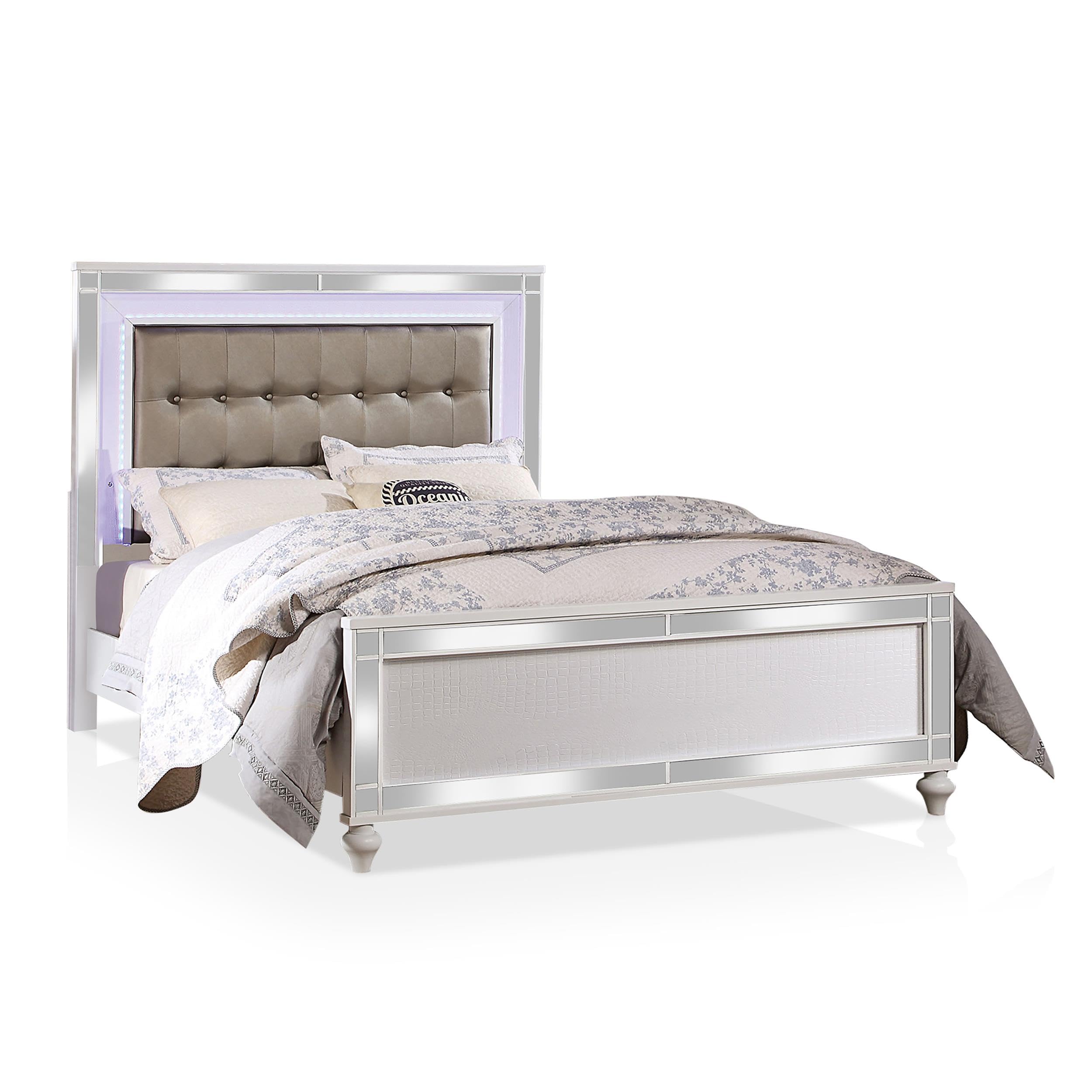 Furniture of America Xulu Contemporary Wood California King Bed with LED Lights in White - Modern Bedroom Furniture for Luxurious Home Decor