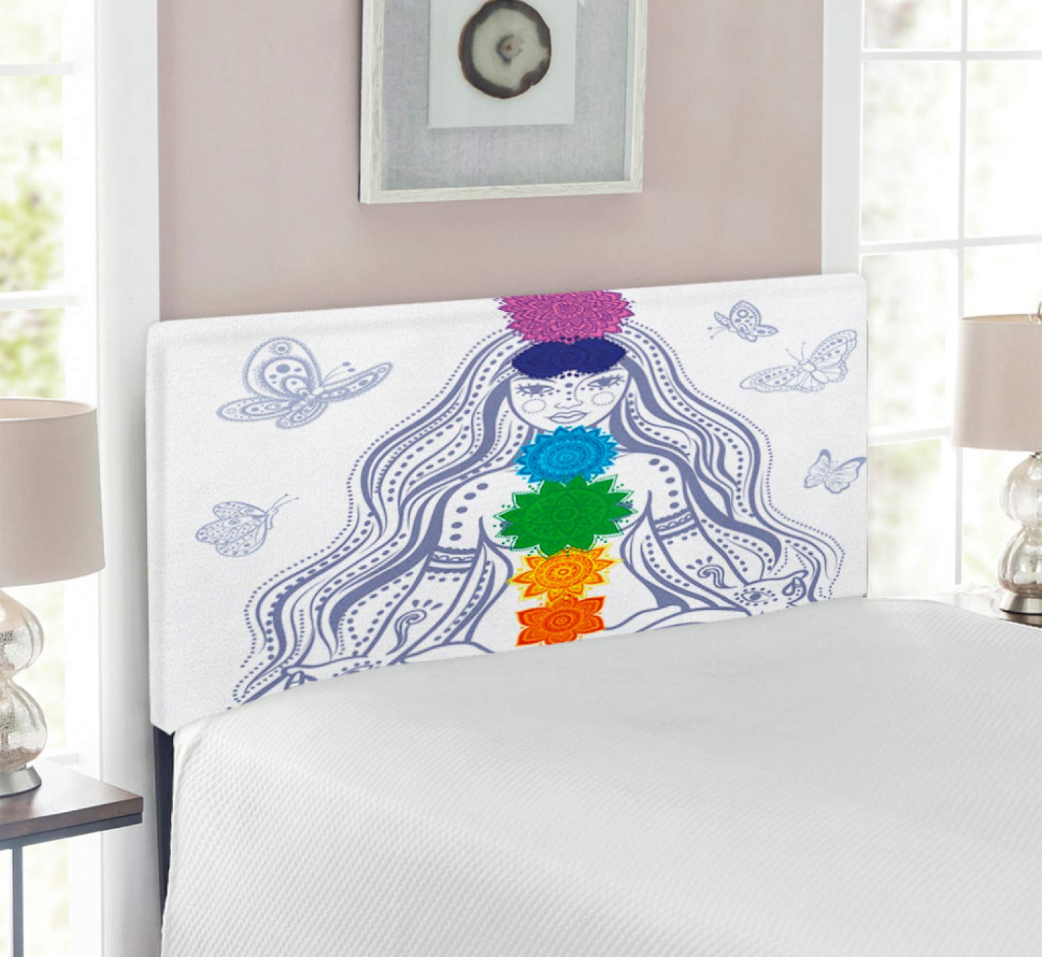 Ambesonne Colorful Upholstered Headboard with Memory Foam - Twin Size Multicolor Oriental Yoga Meditation Design Featuring Girl in Lotus with Stones | Perfect for Bedroom Decor, Meditation Spaces & Boho Chic Interiors