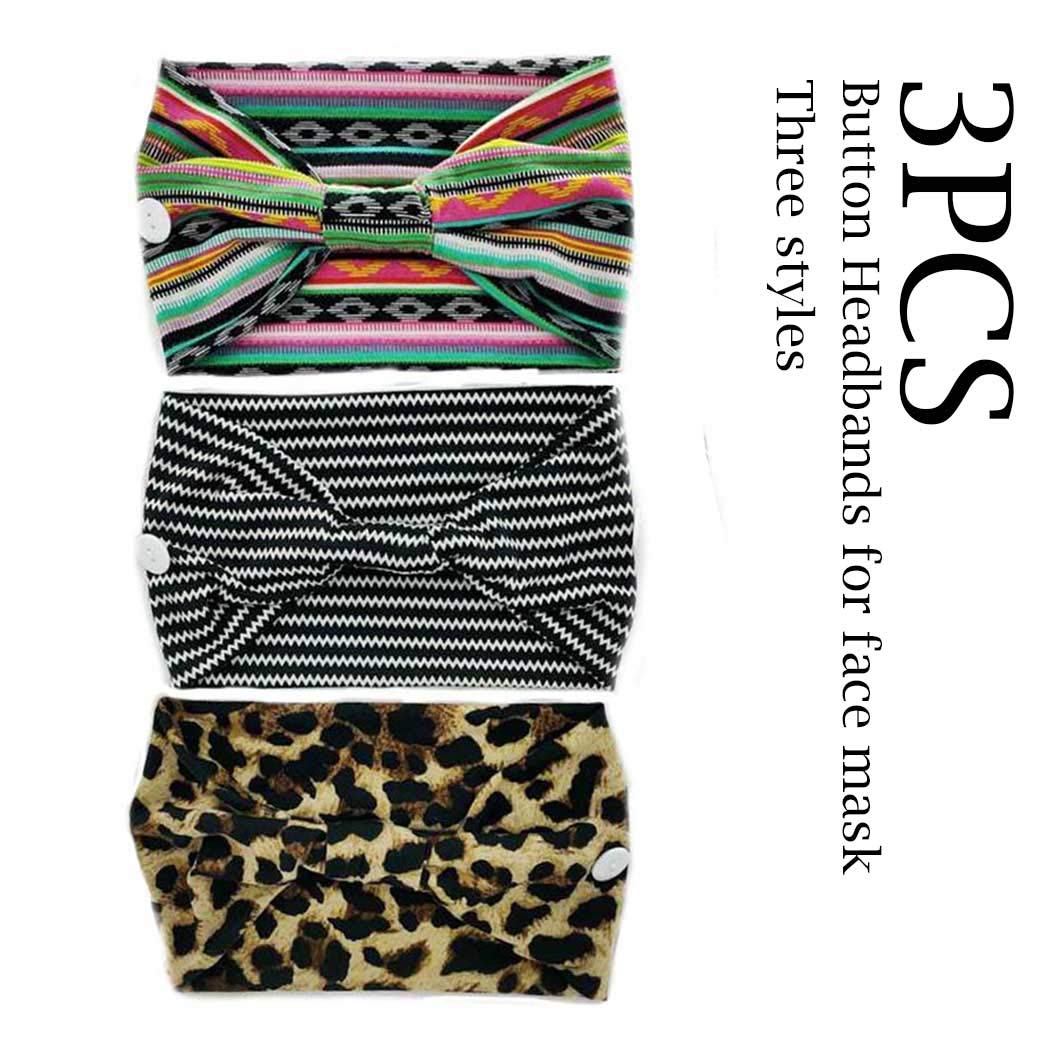 Boho African Headbands for Women - 3 Pack Knotted Elastic Headwraps with Buttons for Face Masks | Yoga, Sports, Workout & Everyday Hair Accessories | Turban Style Headwear for Casual & Athletic Wear