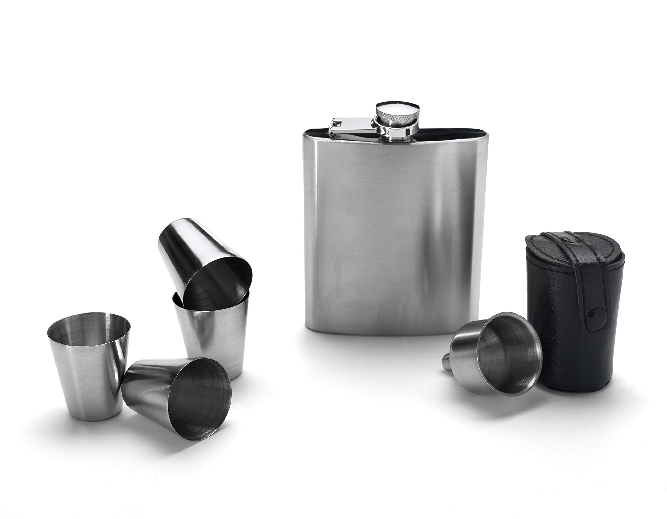 Premium Stainless Steel 7 oz Liquor Hip Flask Set with Funnel, 4 Shot Glasses & Leather Pouch - Perfect for Outdoor Adventures, Camping, Parties & Gifts