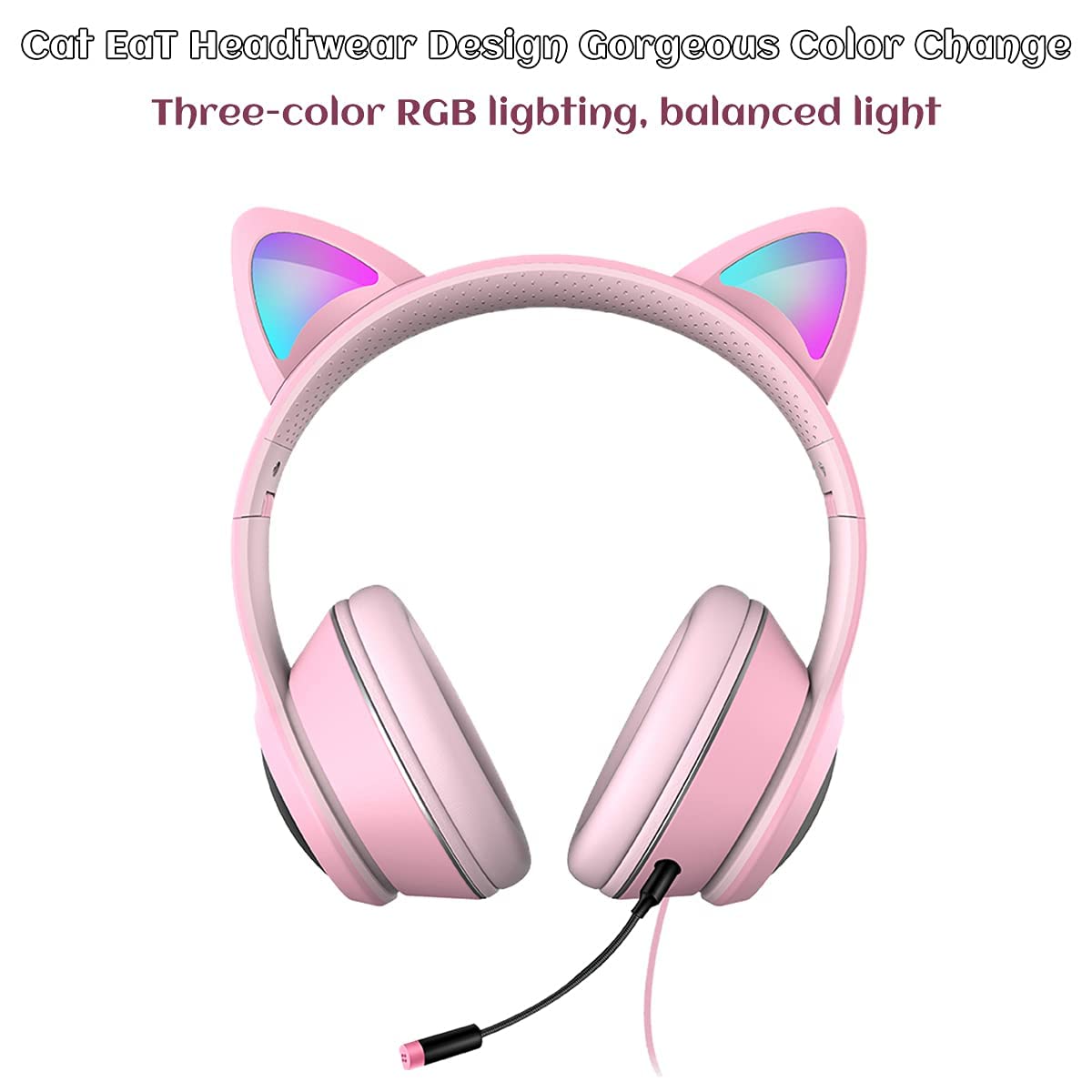 LED Cat Ear Gaming Headset with Microphone - Wired 3.5mm AUX Stereo Sound, RGB Light Effects, Over-Ear Comfort for PC, PS4, Switch, Mobile & Laptop (3 Colors) - Perfect for Live Streaming, Gaming Sessions & Cosplay Events
