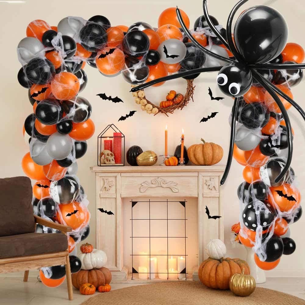 132-Piece Halloween Balloon Garland Arch Kit with Spider Web, Black, Orange & Metallic Silver Balloons - Perfect for Halloween Party Decorations, Photo Backdrops & Spooky Home Decor