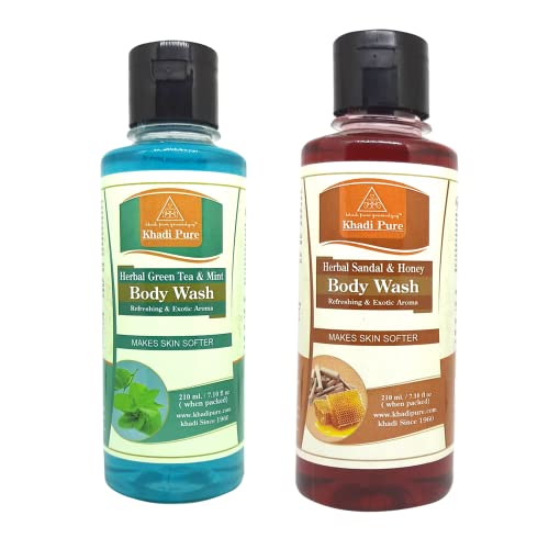 Khadi Pure Green Tea Mint & Sandal Honey Body Wash - 210ml (Pack of 2) | Natural Ayurvedic Cleanser for Soft Skin | Perfect for Daily Shower & Spa Relaxation at Home
