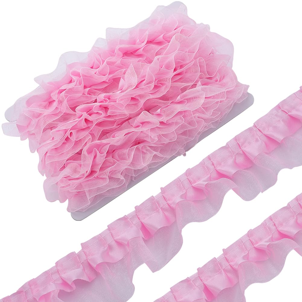 GORGECRAFT 11 Yards 2-Layer Satin Organza Lace Trim - 1.57 Inch Pleated Ruffle Chiffon Ribbon for Dress Sewing, Wedding Decor & DIY Crafts (Pink) - Perfect for Bridal Gowns, Party Decorations and Fabric Embellishments