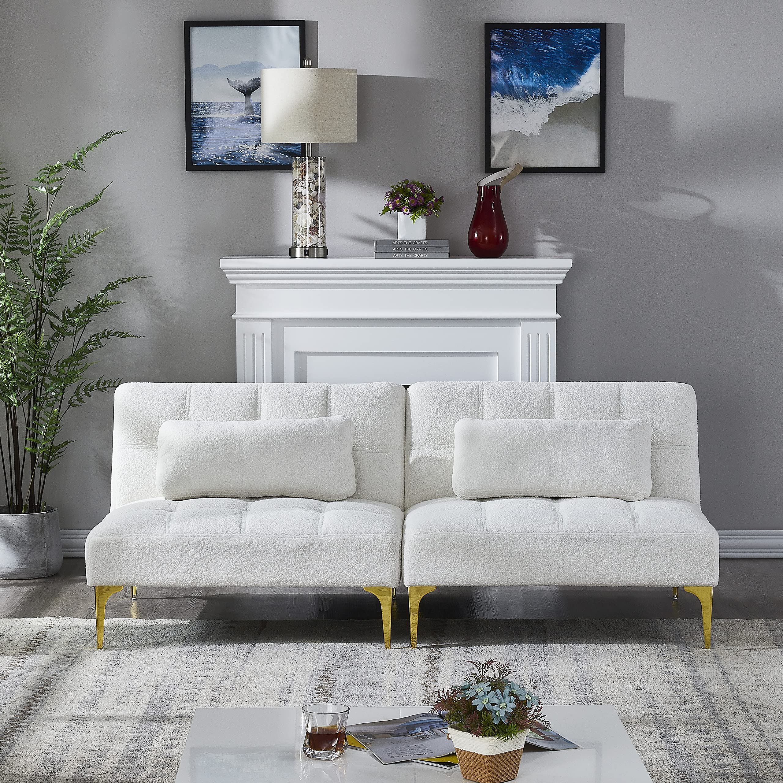 2-Piece Convertible Futon Sofa Bed - Sleeper Couch, Daybed & Loveseat with Gold Metal Legs | Folding Recliner Armless Sofa in Soft Teddy Fabric | Space-Saving Furniture for Small Apartments, Living Rooms & Offices | Perfect for Guest Beds, Lounging & Compact Spaces