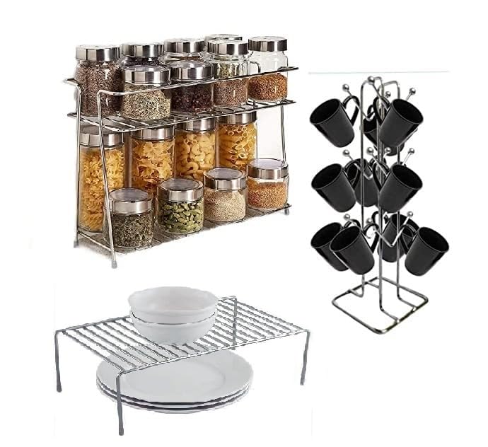 12-Piece Heavy Duty Stainless Steel Kitchen Rack - 2-Tier Space Saving Organizer for Countertop, Utensils, Dishes & Plates | Durable Dish Rack for Home Kitchen Organization & Storage
