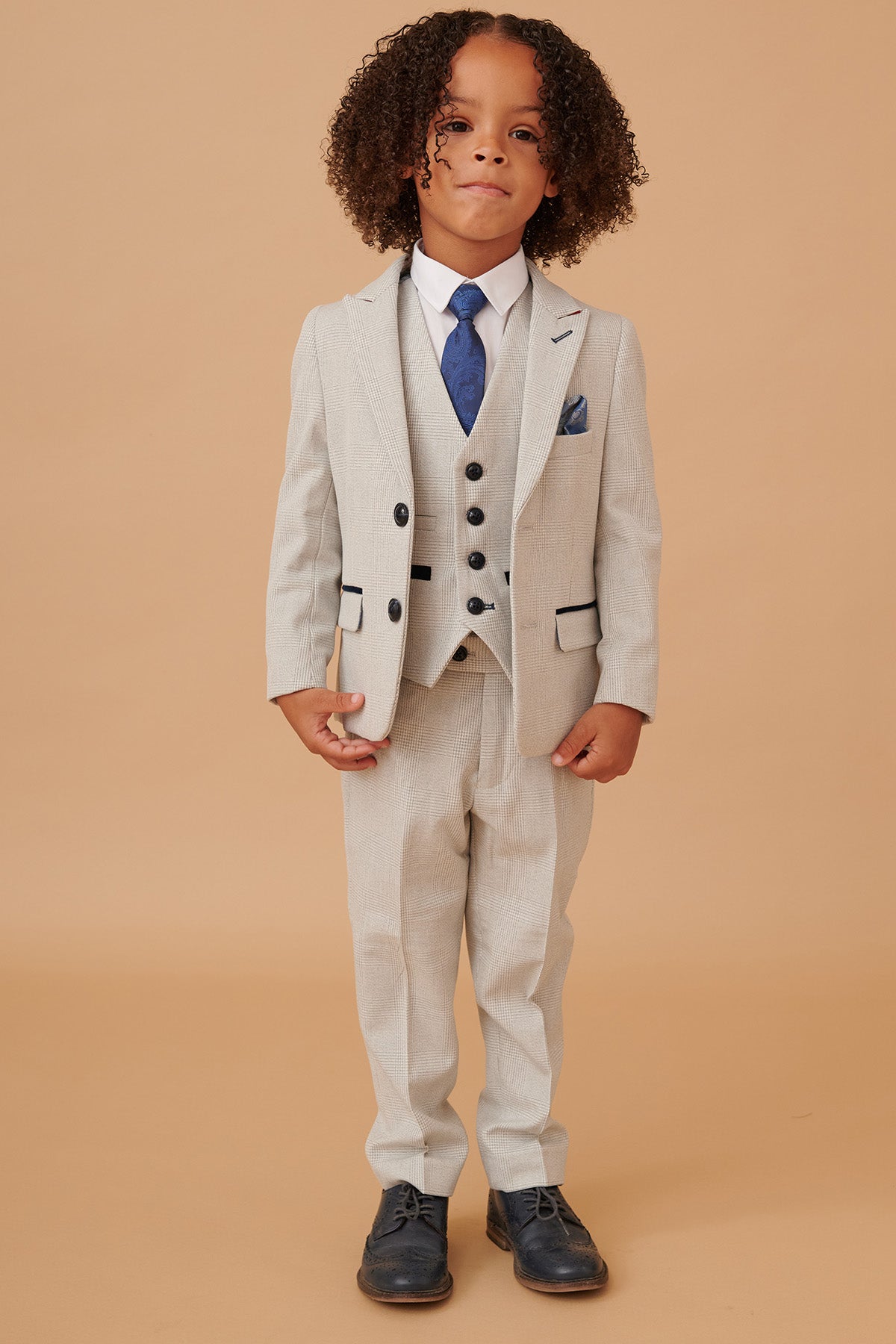 BROMLEY Kids' Stone Check Print 3-Piece Suit for Boys - Formal Wear for Weddings, Parties & Special Occasions
