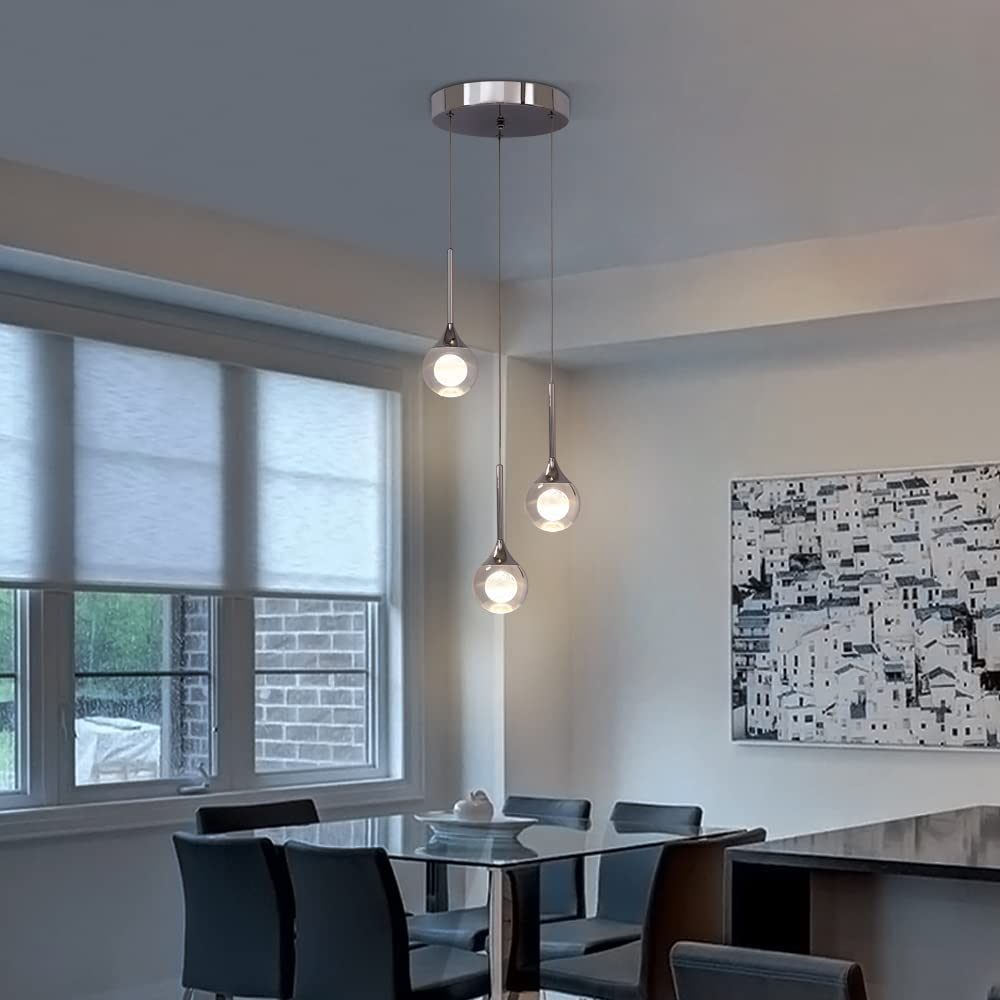 Modern Dimmable 3-Light Cluster Crystal Pendant Lighting Fixture - Chrome Finish for Kitchen Island, Bedroom, Living Room, Dining Room & Bar | Perfect for Ambient Lighting and Home Decor