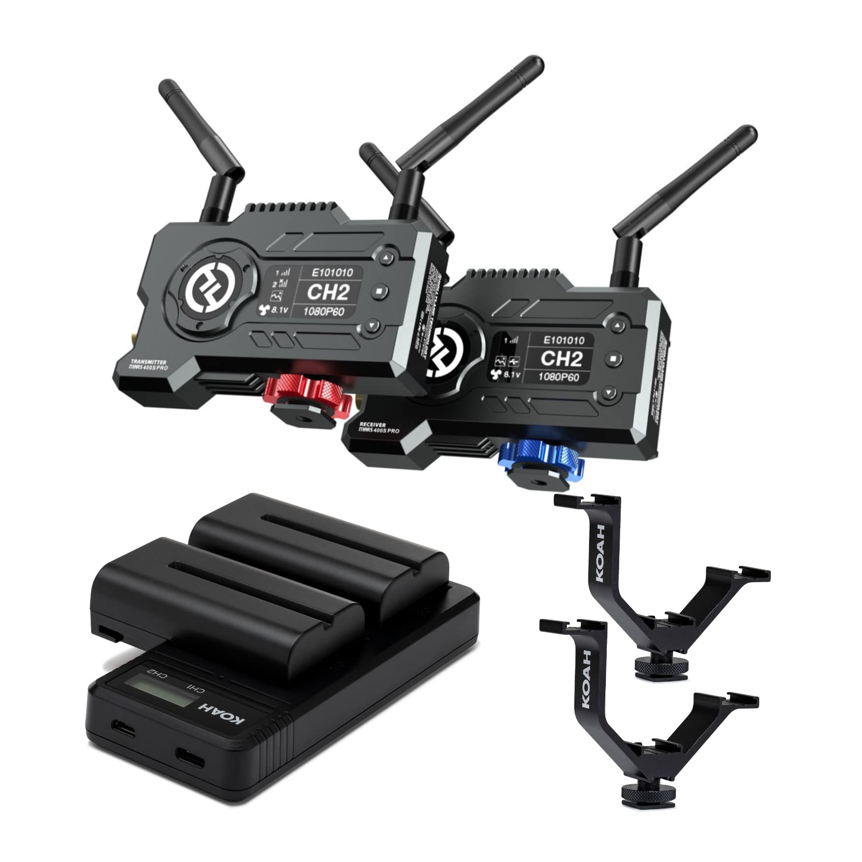 Hollyland Mars 400S PRO SDI/HDMI Wireless Video Transmission System with Koah Triple Shoe Mount, 2-Pack Sony NP-F570 3350mAh Batteries & Dual USB-C LCD Charger - 4-in-1 Bundle for Live Streaming, Film Production & Broadcast Events