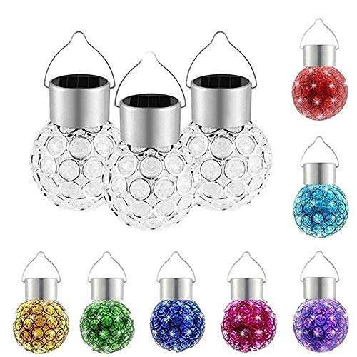 3 Pack LED Solar Powered Glass Ball Crystal Hanging Lights - Color Changing Outdoor Garden Decor for Patio, Yard, Pathway - Weatherproof Solar Sphere Lights for Romantic Ambiance & Landscape Lighting