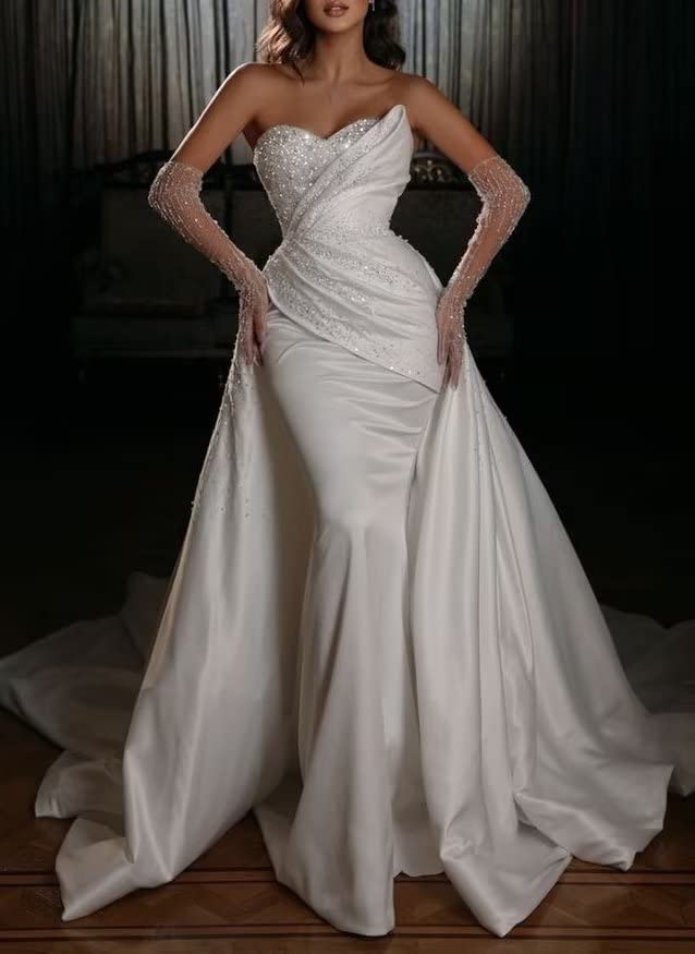 Elegant Mermaid Wedding Dress with High Slit & Beaded Sequins - Sweetheart Neckline, Detachable Train - Perfect for Beach, Church, and Formal Weddings - DR0108-05