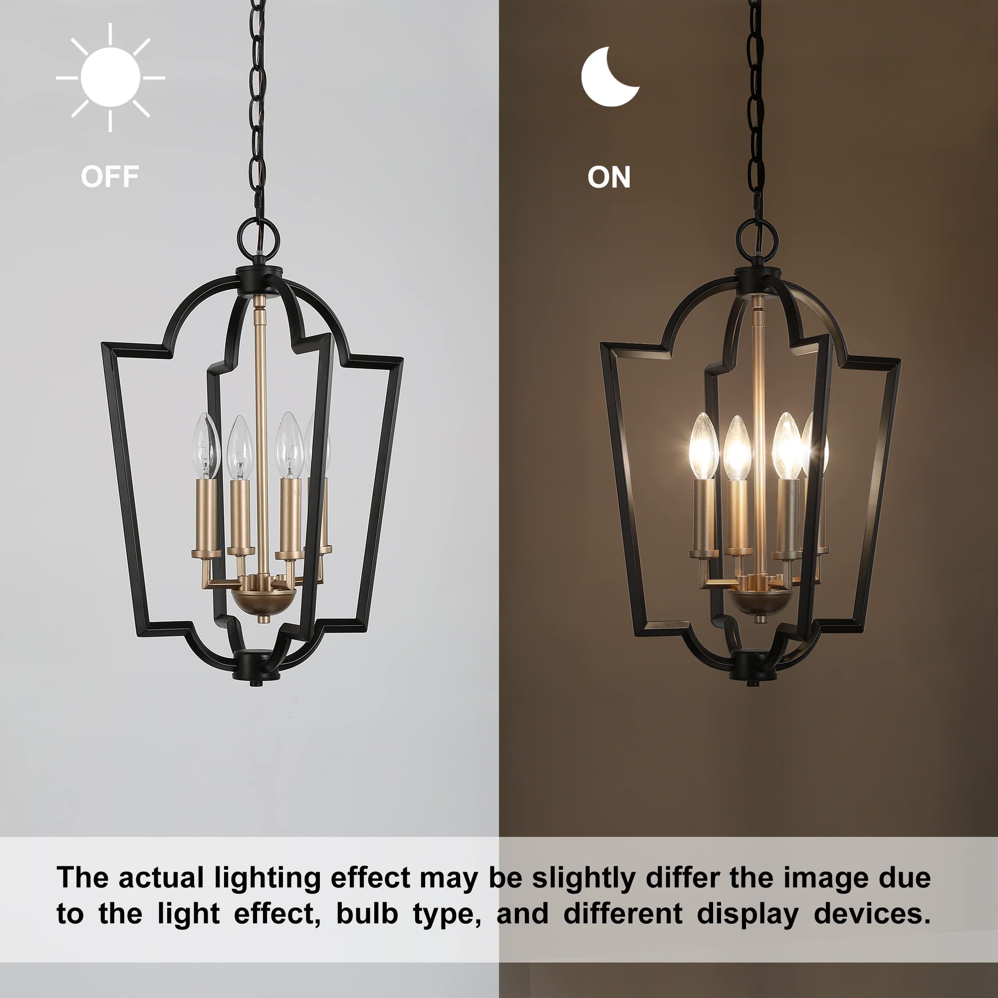 Modern Black & Gold Chandelier - 4-Light Lantern Pendant Light Fixture for Kitchen Island, Dining Room, Living Room, Bedroom, Foyer & Entryway | Elegant Lighting for Home Decor & Interior Design