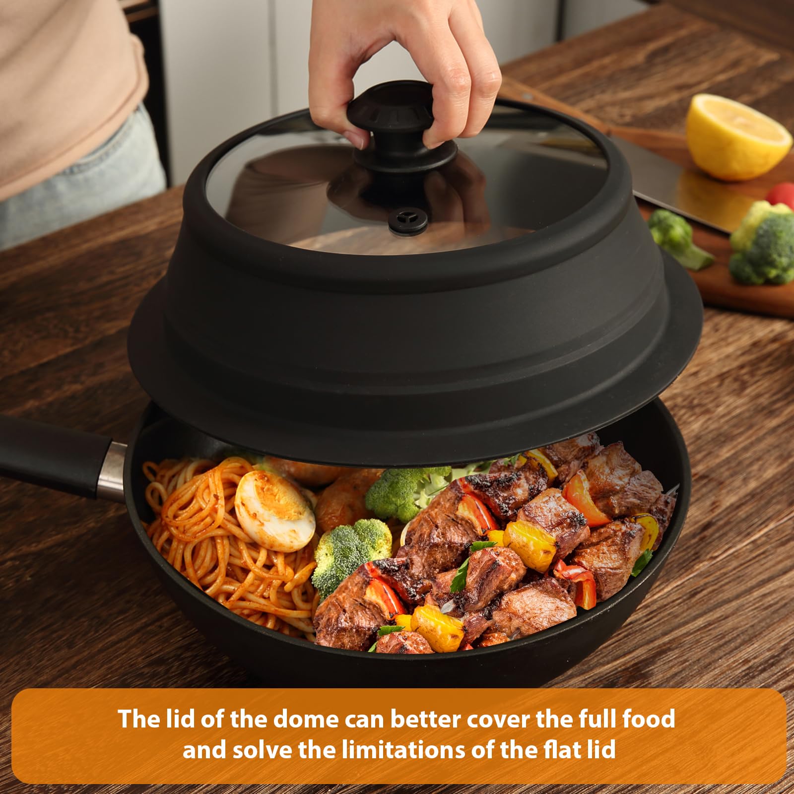 **10.5-11 Inch Universal Vented Tempered Glass Lid for Stockpot, Steamer Pot & Pan – Microwave Safe, Collapsible Silicone Cover – Perfect for Cooking, Steaming & Microwave Use**