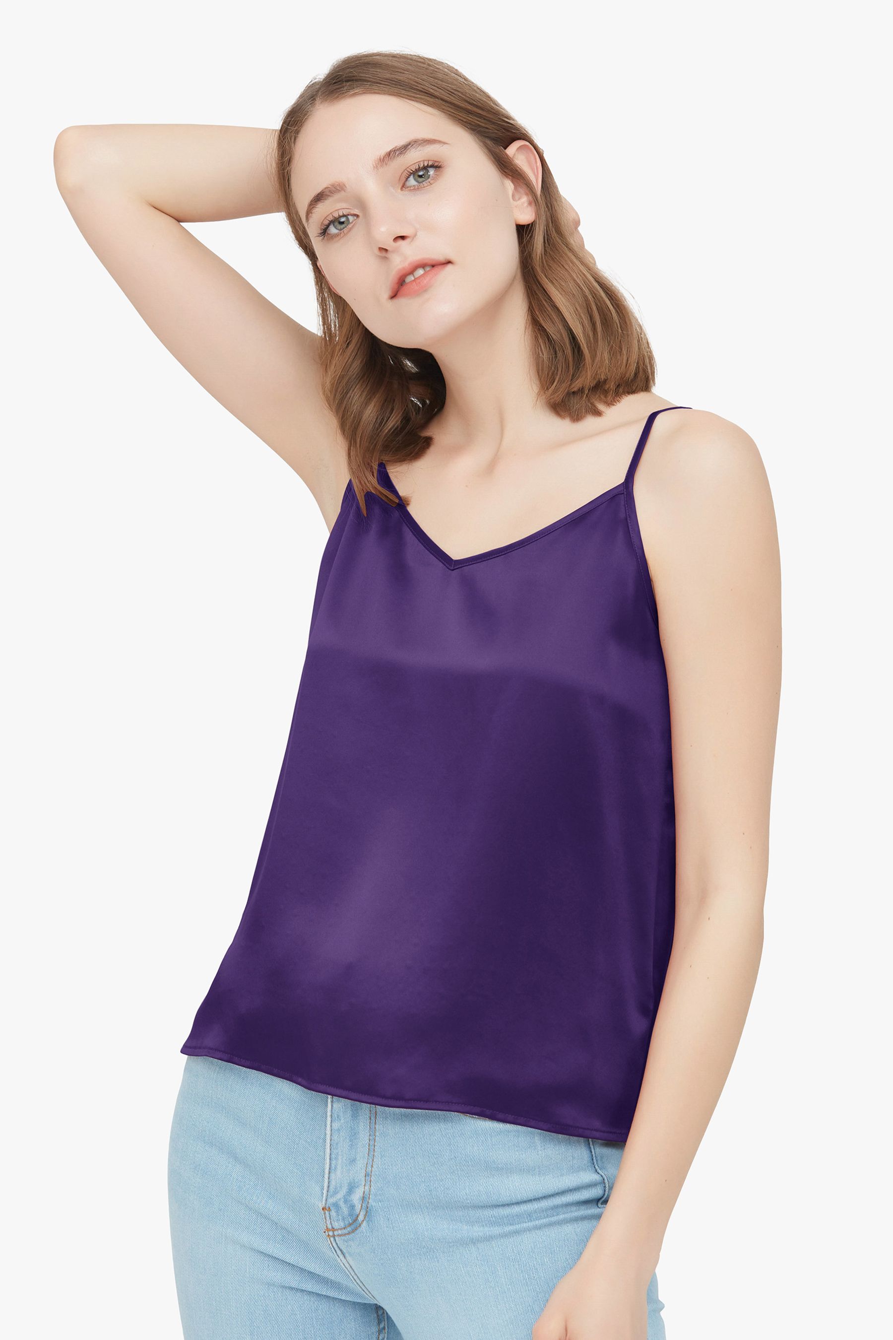 Silk V-Neck Camisole for Women - Front & Back Lace Trim - Elegant Sleepwear & Layering Piece for Nightwear, Loungewear, and Summer Outfits