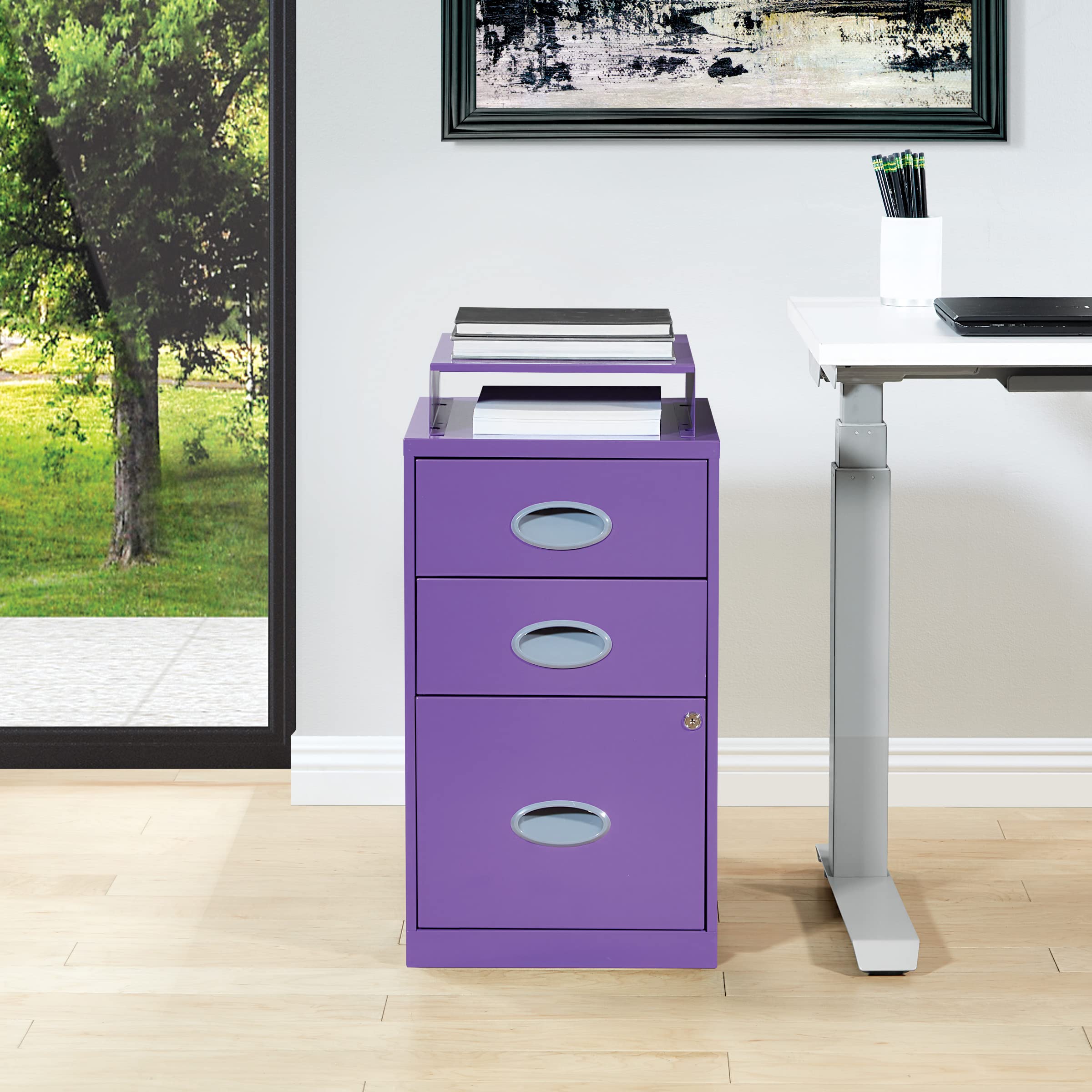 OSP Home Furnishings 3-Drawer Locking Metal File Cabinet with Top Shelf, Purple - Secure Document Storage for Office, Home & School Organization