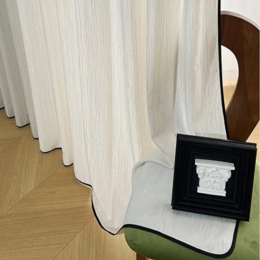 Serena Linen Vertical Striped Custom Blackout Curtains with Black Trim - Elegant Room Darkening Window Treatments for Bedroom & Living Room