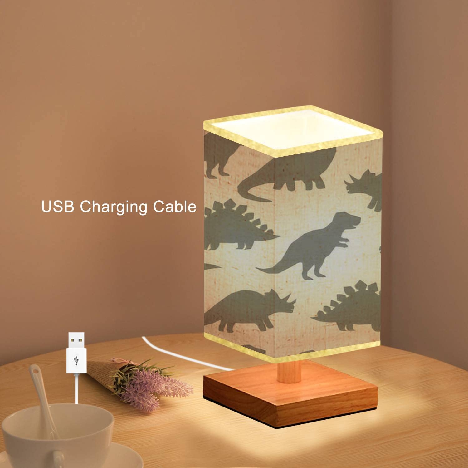 Dimmable Square Bedside Table Lamp with Hand-Drawn Dinosaur Silhouette - Gray Cartoon Dino Design, Wooden Base & Flaxen Fabric Shade - Perfect Nightstand Lamp for Bedroom, Living Room, Nursery or Kids Room Decor