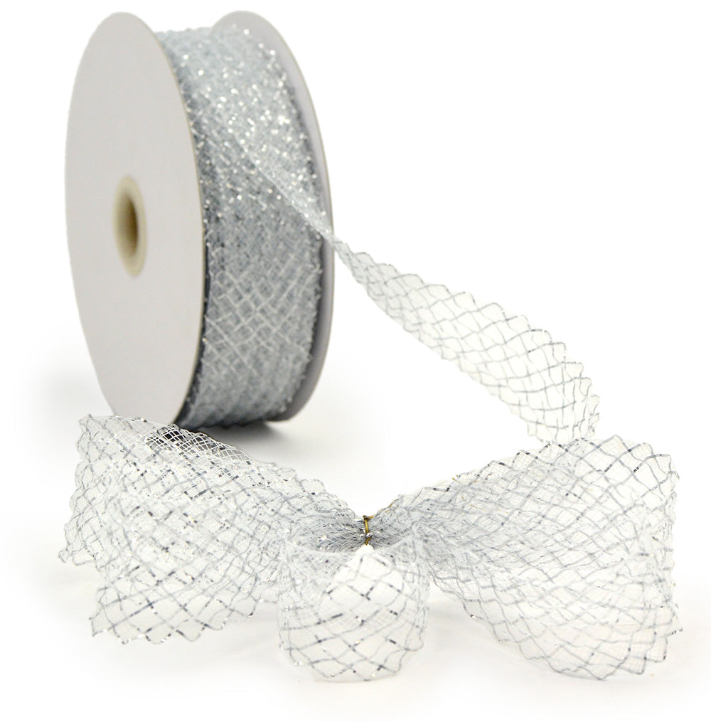 1.5 Inch Deco Flex Mesh Ribbon - Metallic White (30 Yards) for Gift Wrapping, Party Decorations, and DIY Crafts