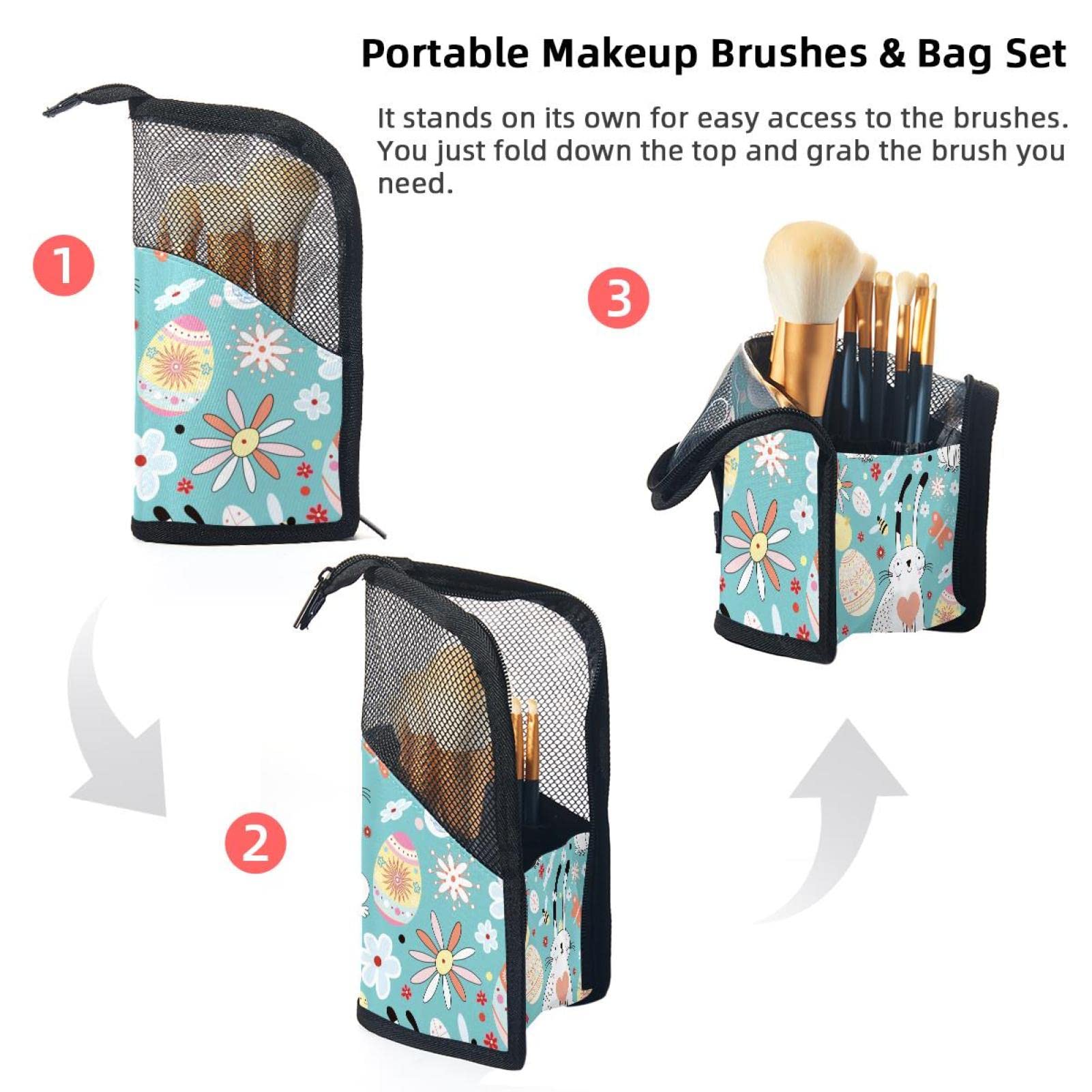 Floral Makeup Brush Organizer Bag with 12 Slots - Portable Travel Cosmetic Brush Holder Case for Easter, Bunnies & Chicks Theme - Perfect for Makeup Artists, Travel & Home Vanity Organization