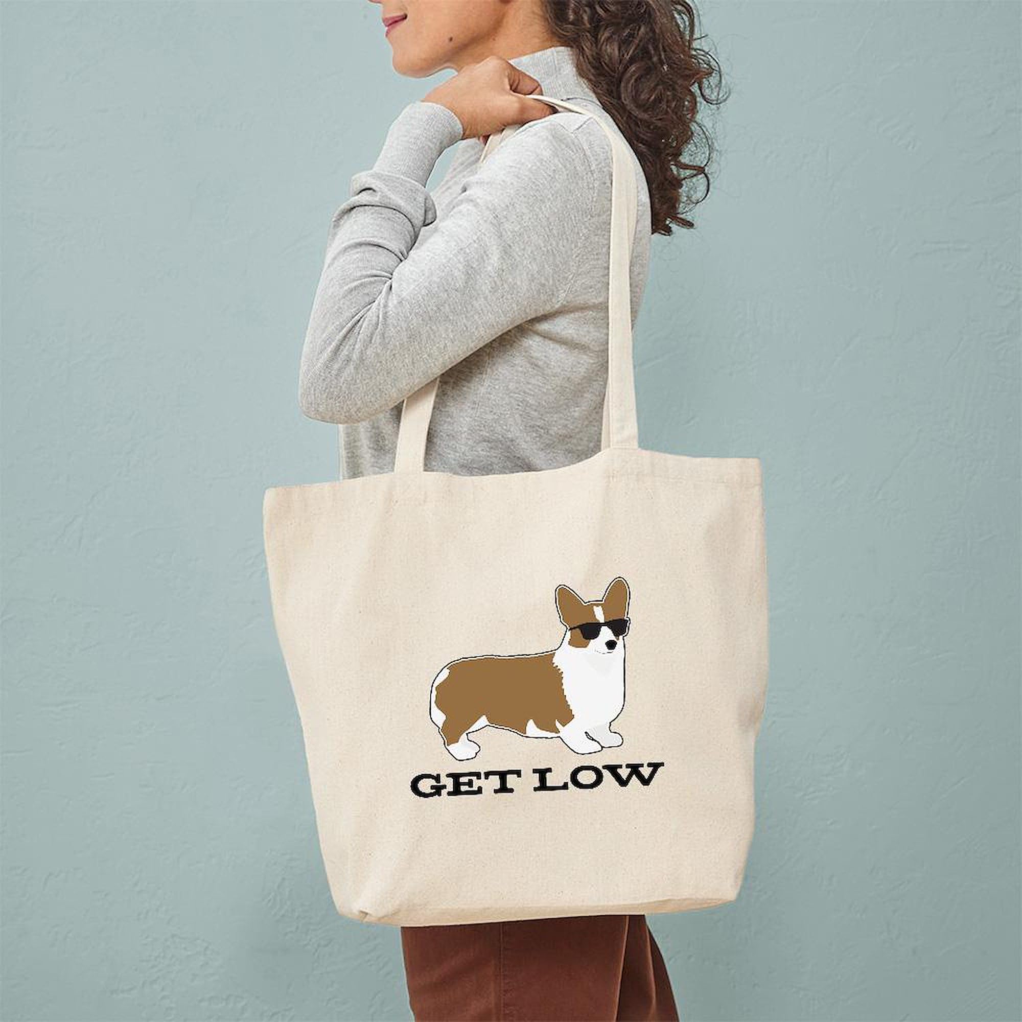 CafePress Get Low Corgi Tote Bag - Natural Canvas Reusable Shopping Bag for Groceries, Beach & Everyday Use | Eco-Friendly & Durable
