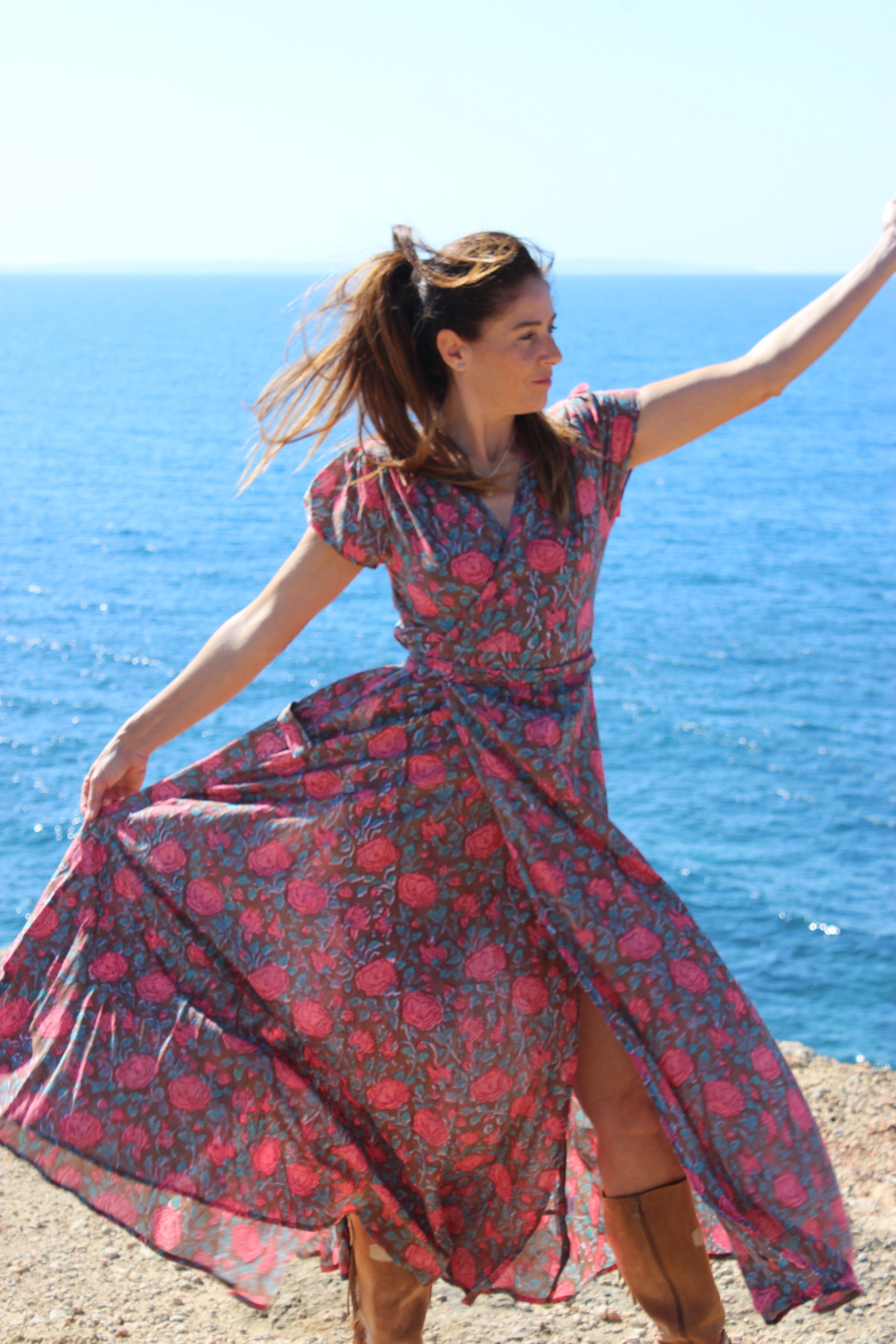 Elegant Floral Wrap Dress for Women - Stylish Rose Print Maxi Dress for Casual, Office & Special Occasions