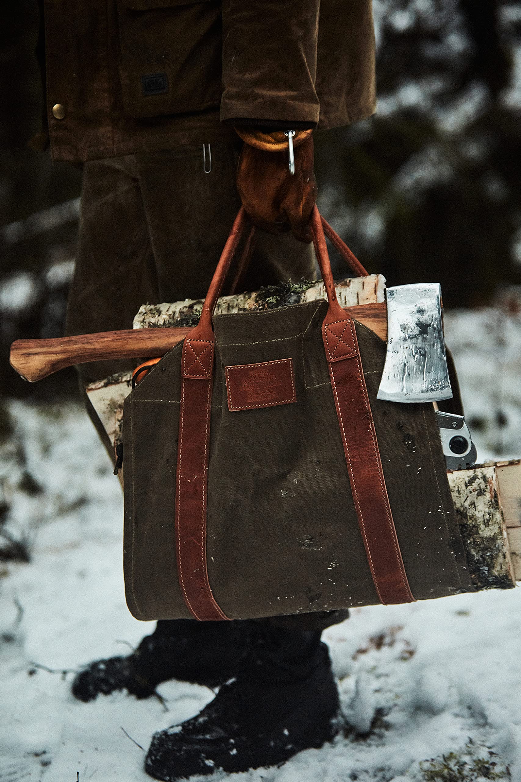 1844 Helko Werk Germany Frontier Collection Canvas Log Carrier - Heavy Duty Firewood Holder & Bag for Fireplace, Camping, Outdoor Wood Storage - Made in USA (Olive Green)
