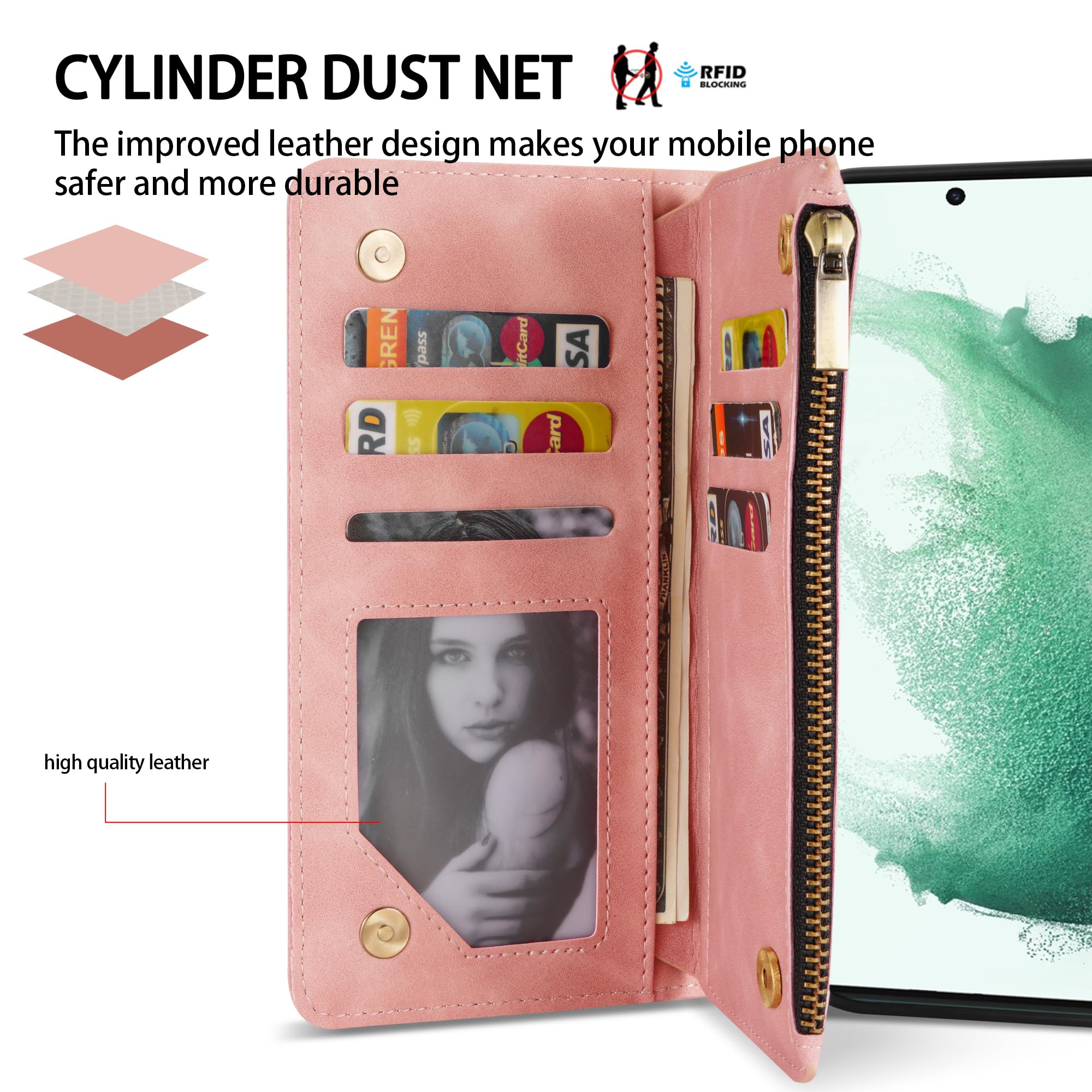 Premium Soft PU Leather Zipper Flip Wallet Case with Card Slot & Wrist Strap for Samsung Galaxy S22 Plus (6.6 Inch) - Protective Kickstand Folio Cover for Daily Use, Travel & Business (Pink)