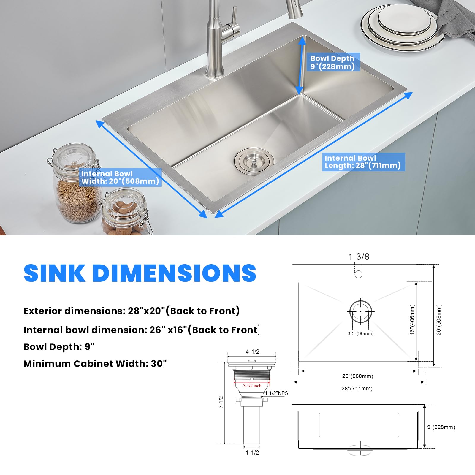 POPFLY 28×20 Inch Drop In SUS 304 Stainless Steel Kitchen Sink - 9 Inch Deep Single Bowl Top Mount Sink with Brushed Nickel Finish | Perfect for Modern Kitchens, Remodeling & Small Space Homes