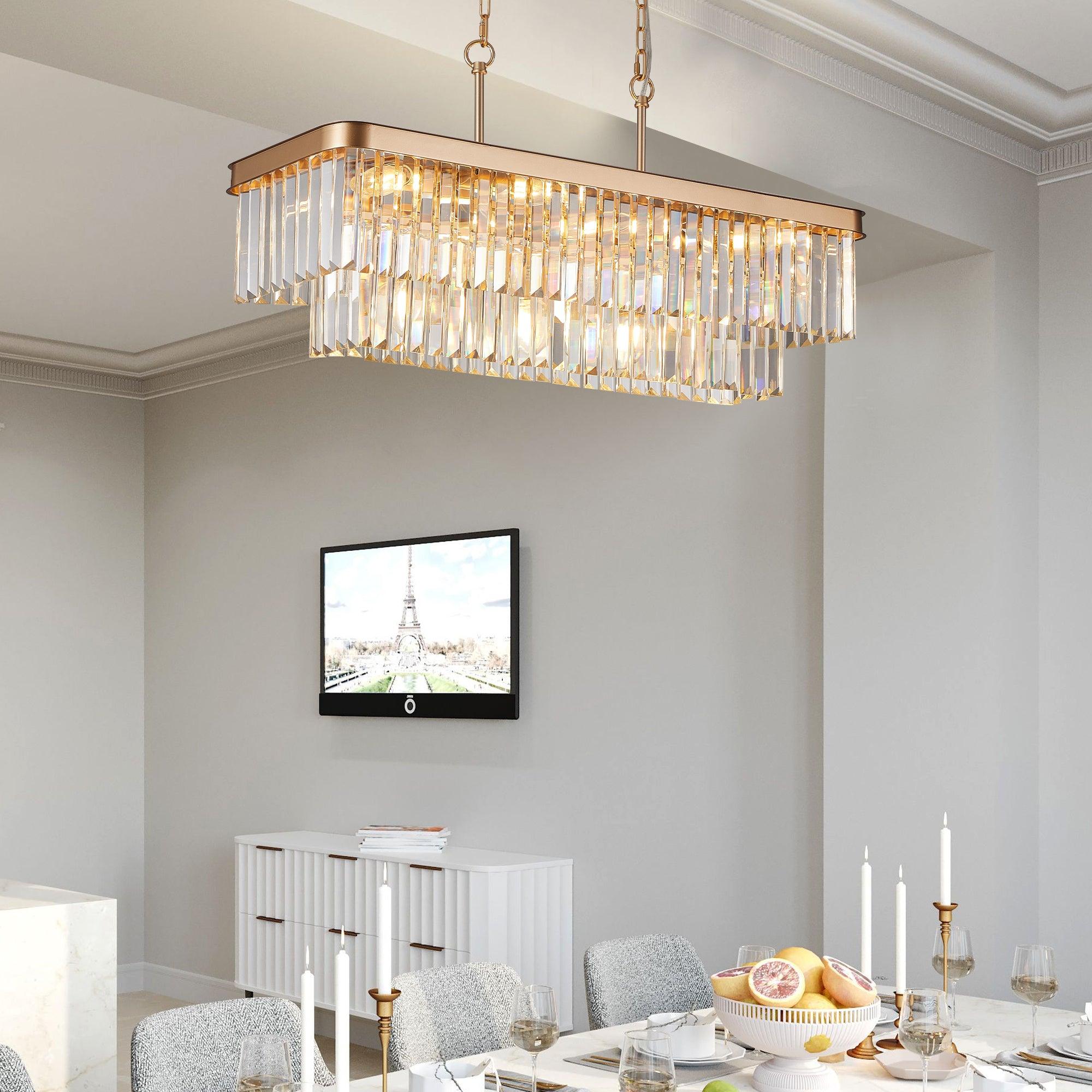 Modern Rectangular Crystal Chandelier - Adjustable E12 Industrial Farmhouse Ceiling Light with Iron Frame in Gold (Bulbs Not Included) - Perfect for Kitchen, Living Room, Bedroom & Dining Room Lighting