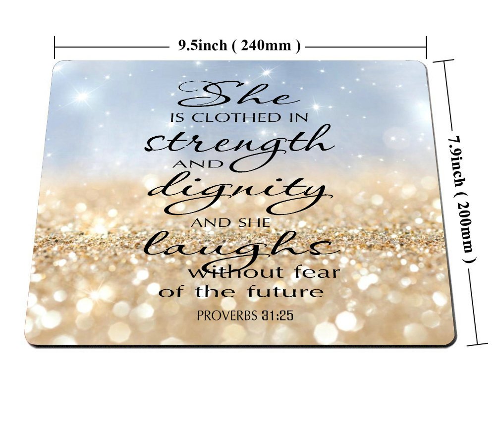 Custom Smooffly Gaming Mouse Pad with Proverbs 31:25 Bible Verse & Gold Sparkle Glitter Design - Non-Slip Surface for PC, Laptop, Office & Gaming Setup