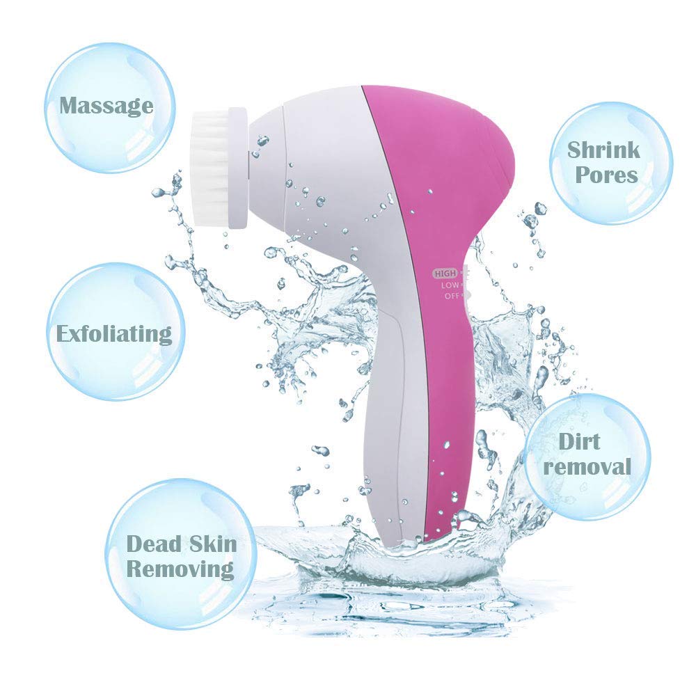5-in-1 Mini Skin Beauty Exfoliating Brush & Face Scrubber - Deep Cleansing & Gentle Exfoliation Massager for Women, Battery Powered, White - Perfect for Daily Skincare Routine & Spa-Like Facial Treatment at Home