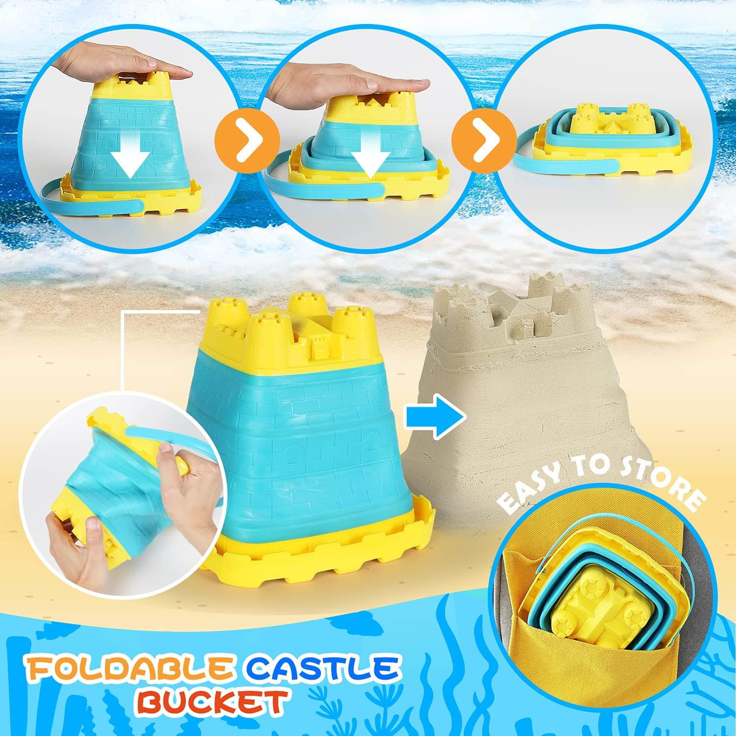 24PCS Beach Sand Toys Set with Mesh Backpack - 2 Foldable Buckets, Sand Molds, Shovels, Rakes & Watering Can | Summer Outdoor Toys for Kids & Toddlers | Perfect for Beach, Sandbox, Backyard & Pool Play